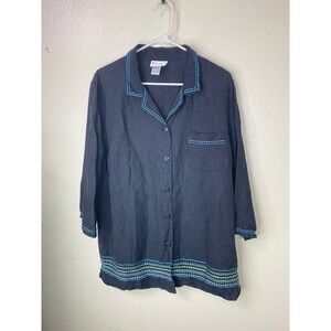 Vintage ELCC Silk Linen Embroidered Button Up Shirt Black Womens 1X 3/4 Sleeve
